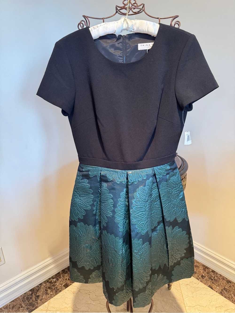 Trina Turk Black and Green Floral Jacquard Dress